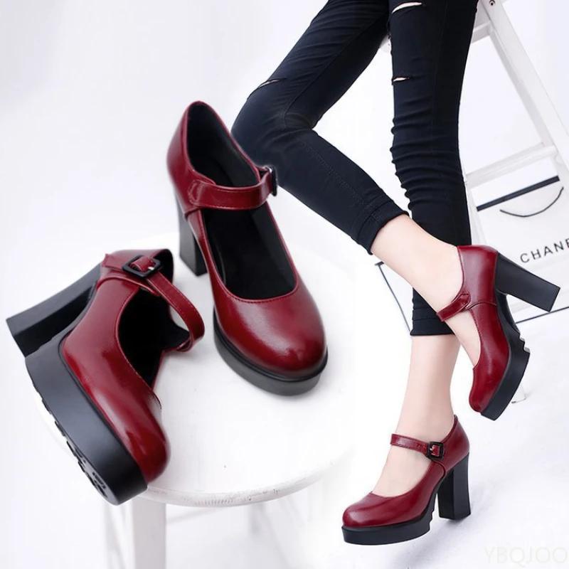 Fashion New Hot Sale Women's high heels Outdoors Shallow Mouth Flats Versatile Buckle leather Shoes Black sexy thick heel pumps Mujer