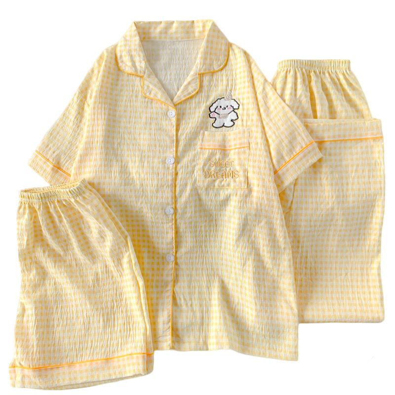 Milk Yellow Grid Line Puppy Pajamas Women'S Summer High-Value Cloud Cotton Loungewear Short-Sleeved Three-Piece Set