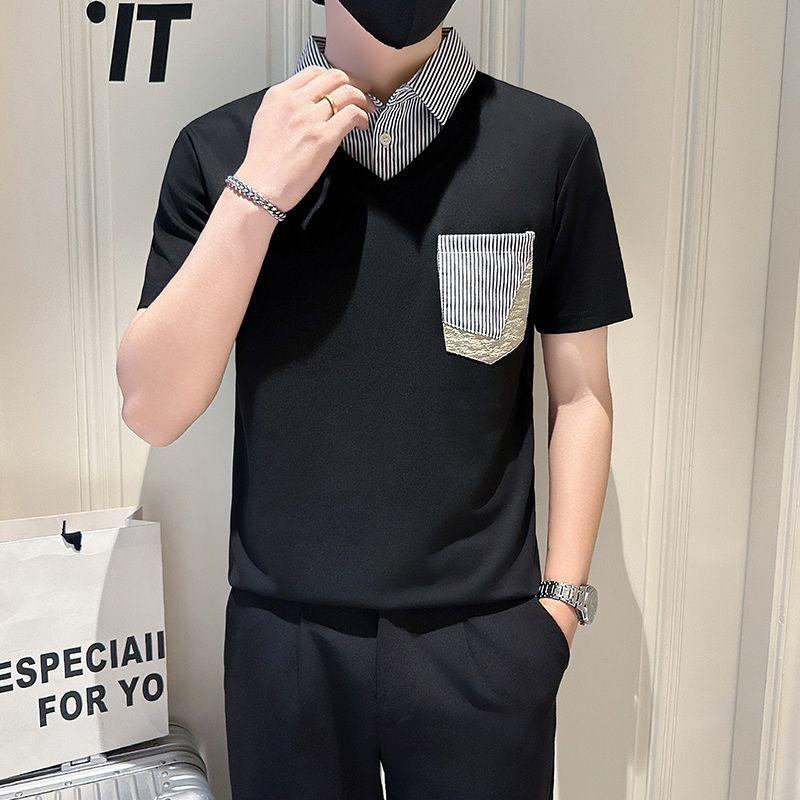 

Модные полосатые футболки пэчворк летние с отложным воротником на пуговицах мужские карманы повседневные базовые с коротким рукавом 4XL чёрный