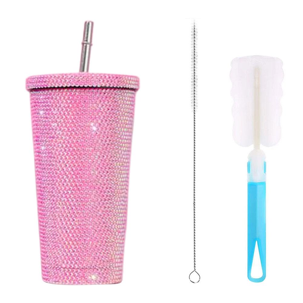 Insulated Straw Tumbler Stainless Steel Rhinestone Cup 24 Hour Hot Cold Water Coffee Drinkware For Office Travel Gym Accessories