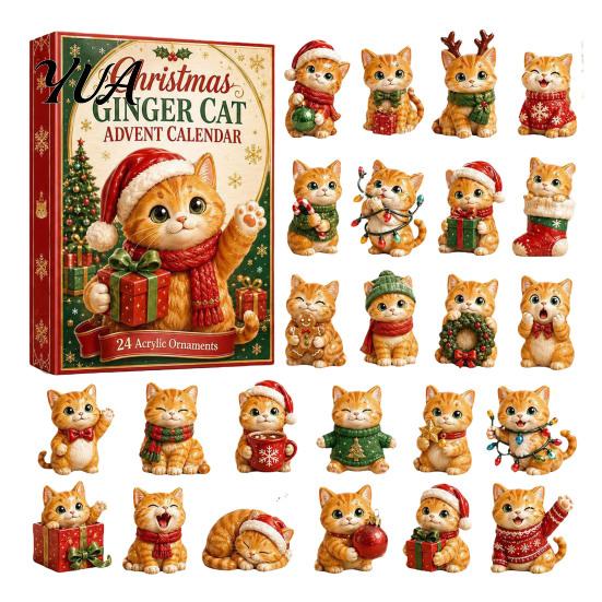 24 Day Christmas Countdown Cat Advent Calendar, with Cute Ornaments, Calendar 2D Acrylic Kitty Holiday Decorations, Gift for Kids, Party
