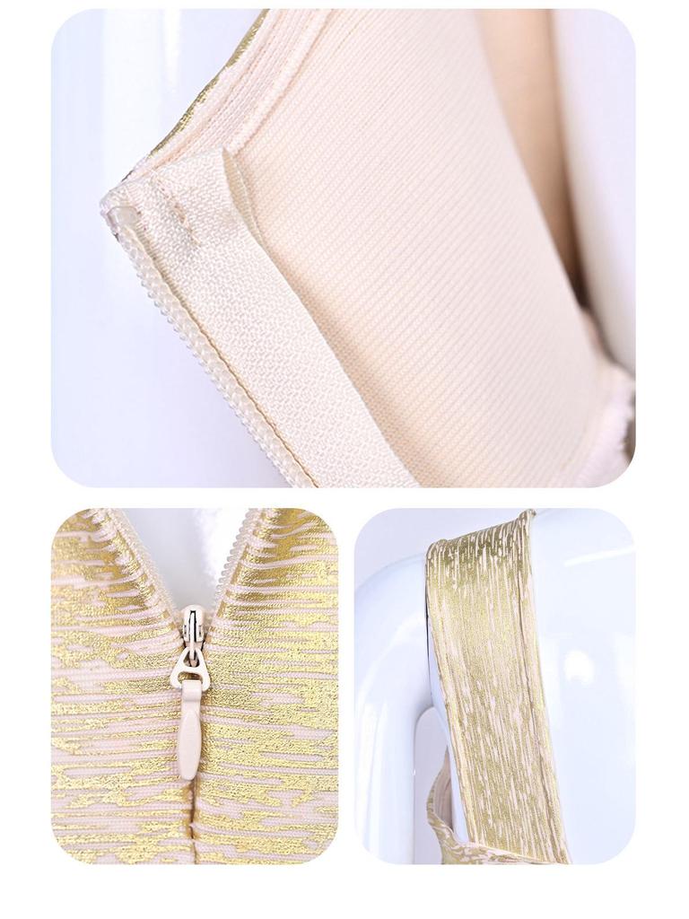 Silk Luxury Low-Cut Mesh Bandage Dress with Gold Waist for Evening Party