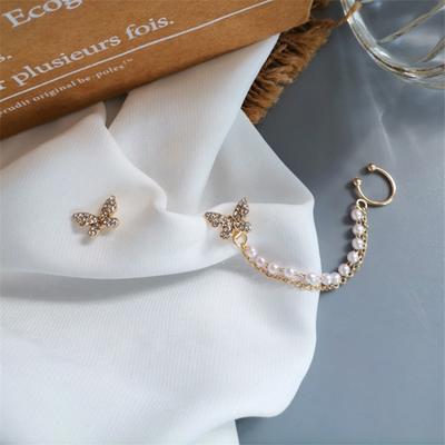 Women Vintage Asymmetrical Butterfly Earbone Earrings Pearl Chain Earrings Jewelry For Women Birthday Party Gift