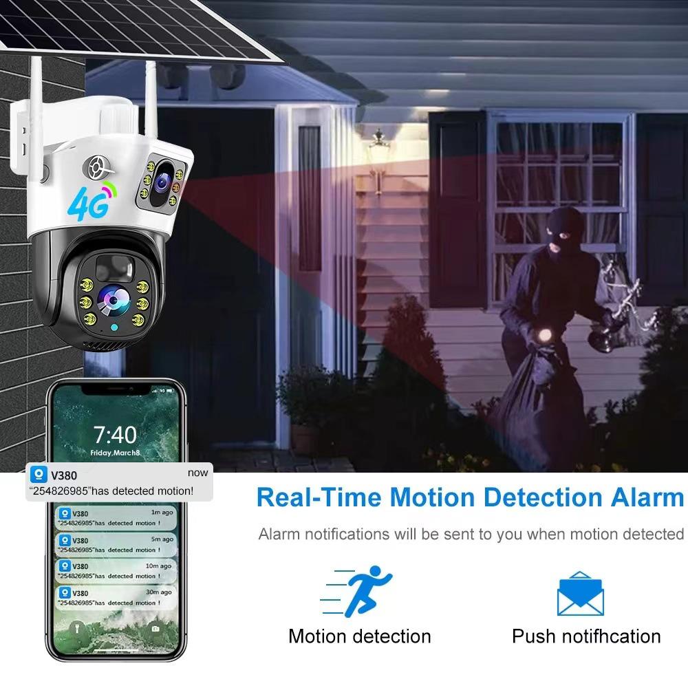 V380 Dual Lens Solar-Powered 4G Wireless Night Vision Security Camera with Low Power Consumption