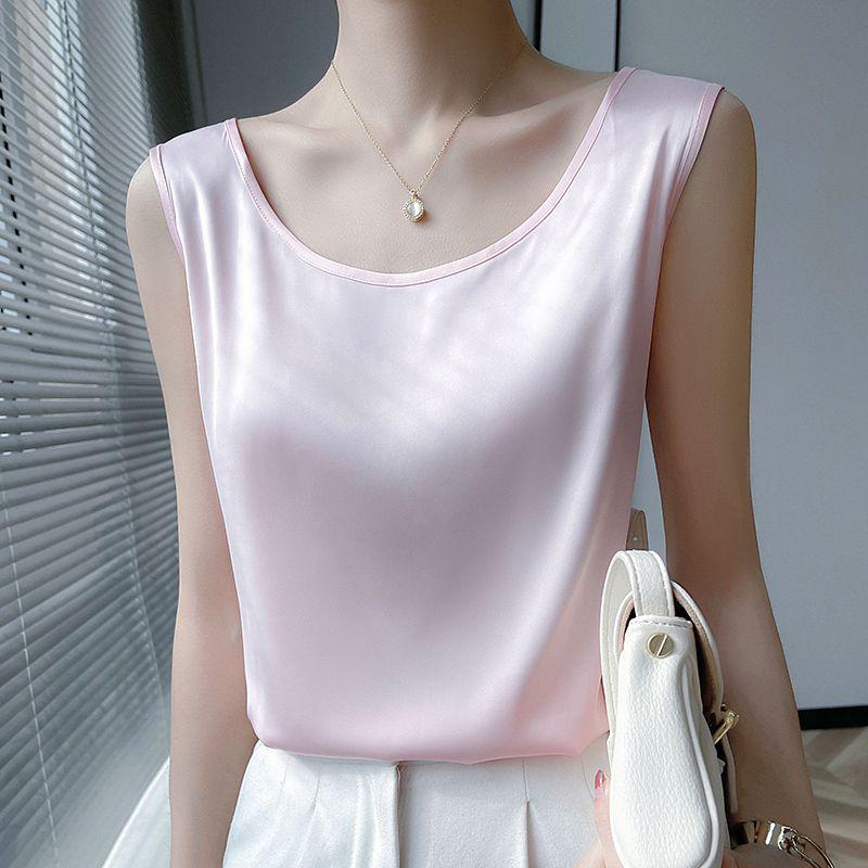 Women's Loose Silk Camisole Vest - Sleeveless Satin Round Neck Top for Summer