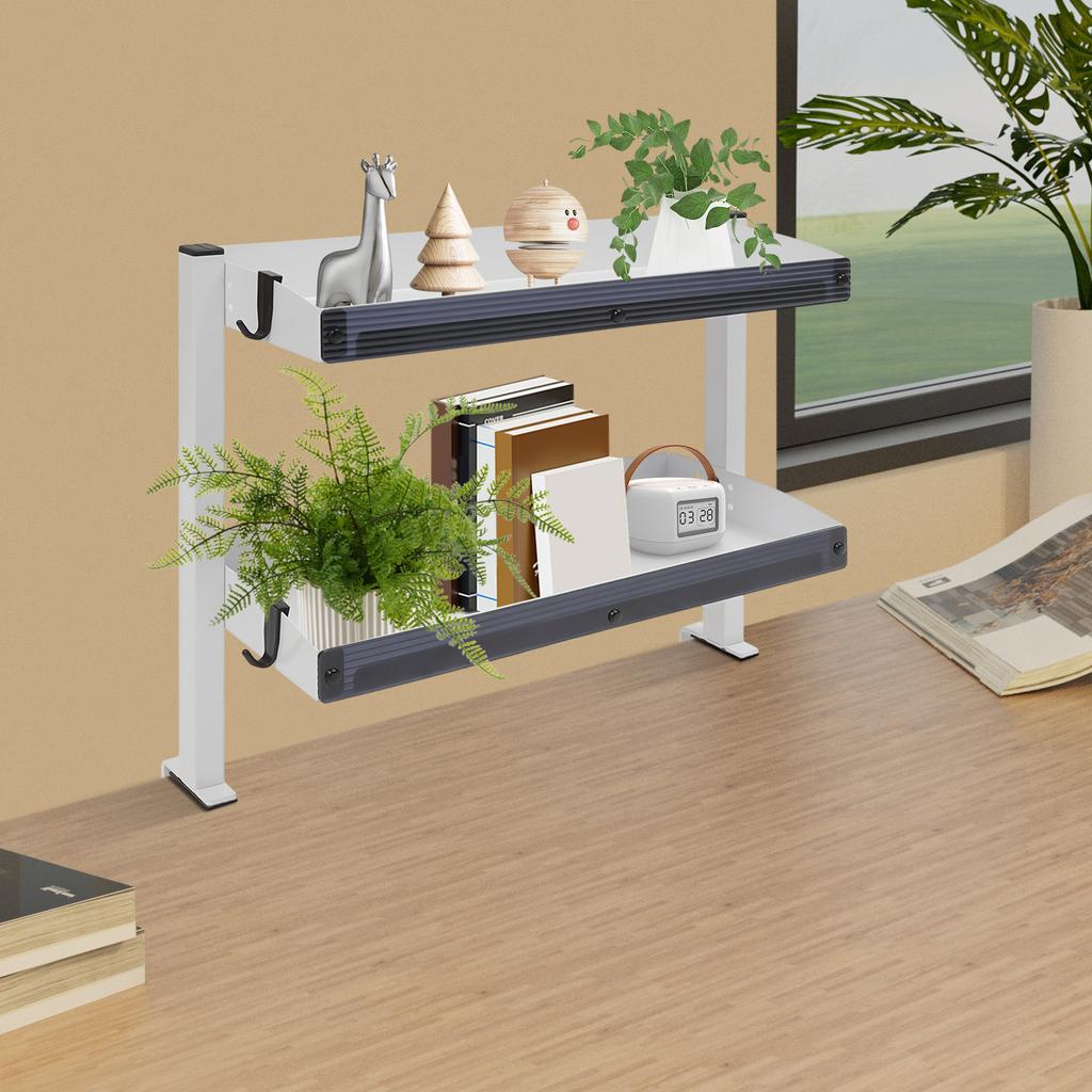 Clamp-On Desk Shelf – 2-Tier Under/Over Desk Storage Organizer with Guardrail – White