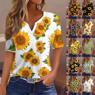 Damen T-Shirt mit Aufdruck, Knopfleiste, kurzärmelig, für den Alltag, Wochenende, modisch, Basic, V-Ausschnitt, normale Passform, Oberteil für den Sommer