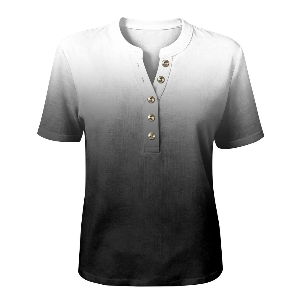 Women's Short Sleeve Henley Shirt Button Front Cotton Linen Blend Casual Top Lightweight Breathable Summer Blouse