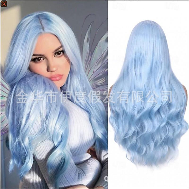 Womens Long Wavy Middle Part Wig Light Blue High-Temperature Fiber Cosplay JF3305