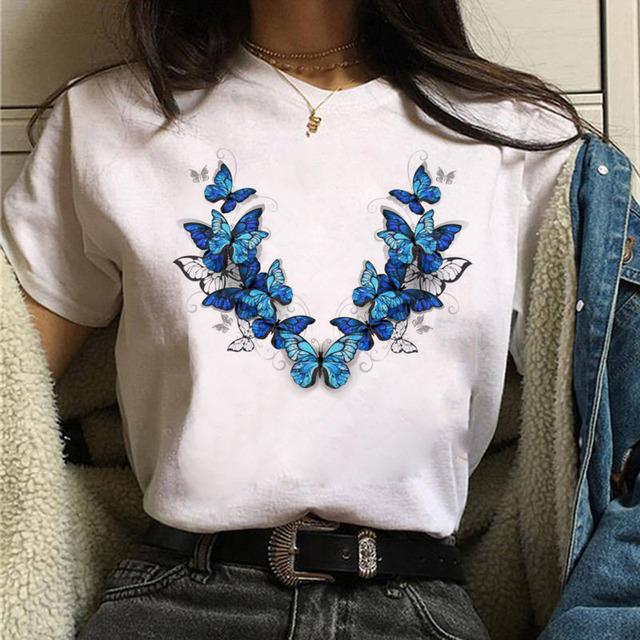 Women Tshirt Watercolor Butterfly Print Tshirt Summer Female Tops Casual Short Sleeve T-Shirts Harajuku Graphic Tee Cute T-Shirt
