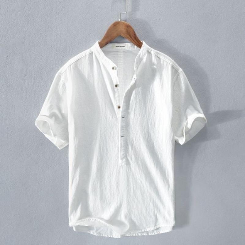 Mens Solid Cotton Linen Stand Collar Short Sleeve Casual Shirt M белый