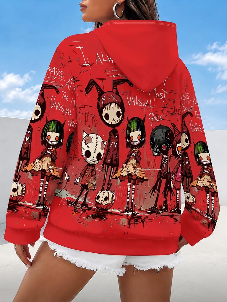Lazy Women's Hoodie with Scary Cartoon Characters On Hoodie Women's Hooded Pullover Sweatshirt Fashionable Top