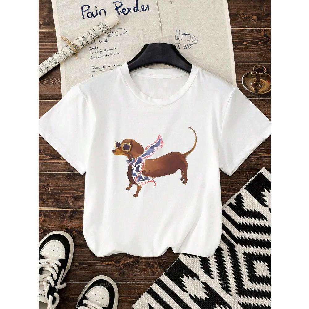 Lustiges Dackel-Print Baumwoll-T-Shirt Sommer Damen Freizeit Zuhause Reise Tee Rundhals Bequem Atmungsaktiv Y2k Oberteil