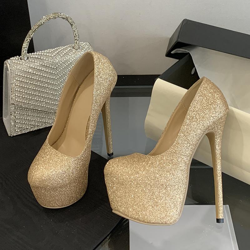 Fashion Liyke Runway Fashion Gold Sequined Cloth Platform Pumps Women Round Toe 17CM Stiletto High Heels Wedding Banquet Ladies Shoes