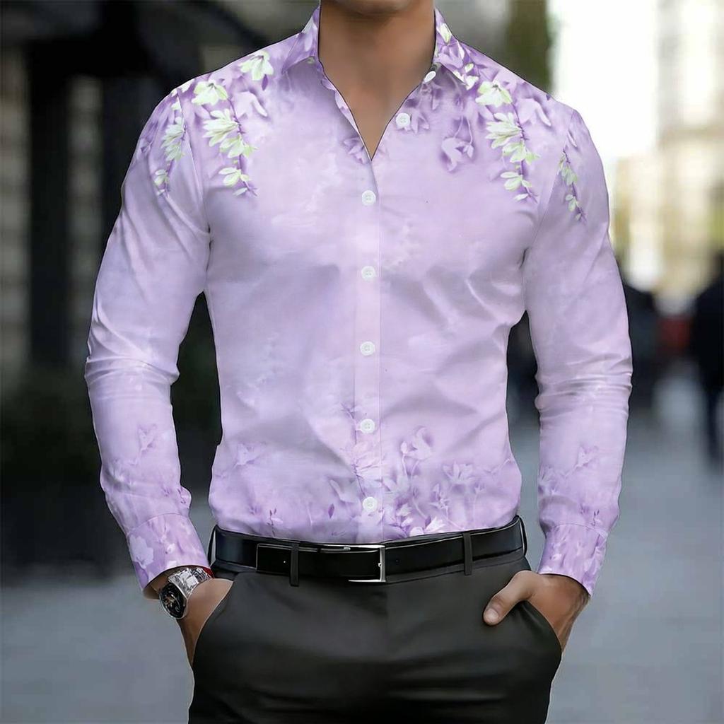 Men Collared Shirt Light Purple Wisteria Floral Print Long Sleeve Button Down Top