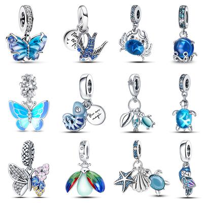 100% 925 Srebro Sterlingowe Niebieski Ocean Animal Glow Butterfly Crab Charm Beads Fit 925 Oryginalne Bransoletki Luksusowa Biżuteria DIY
