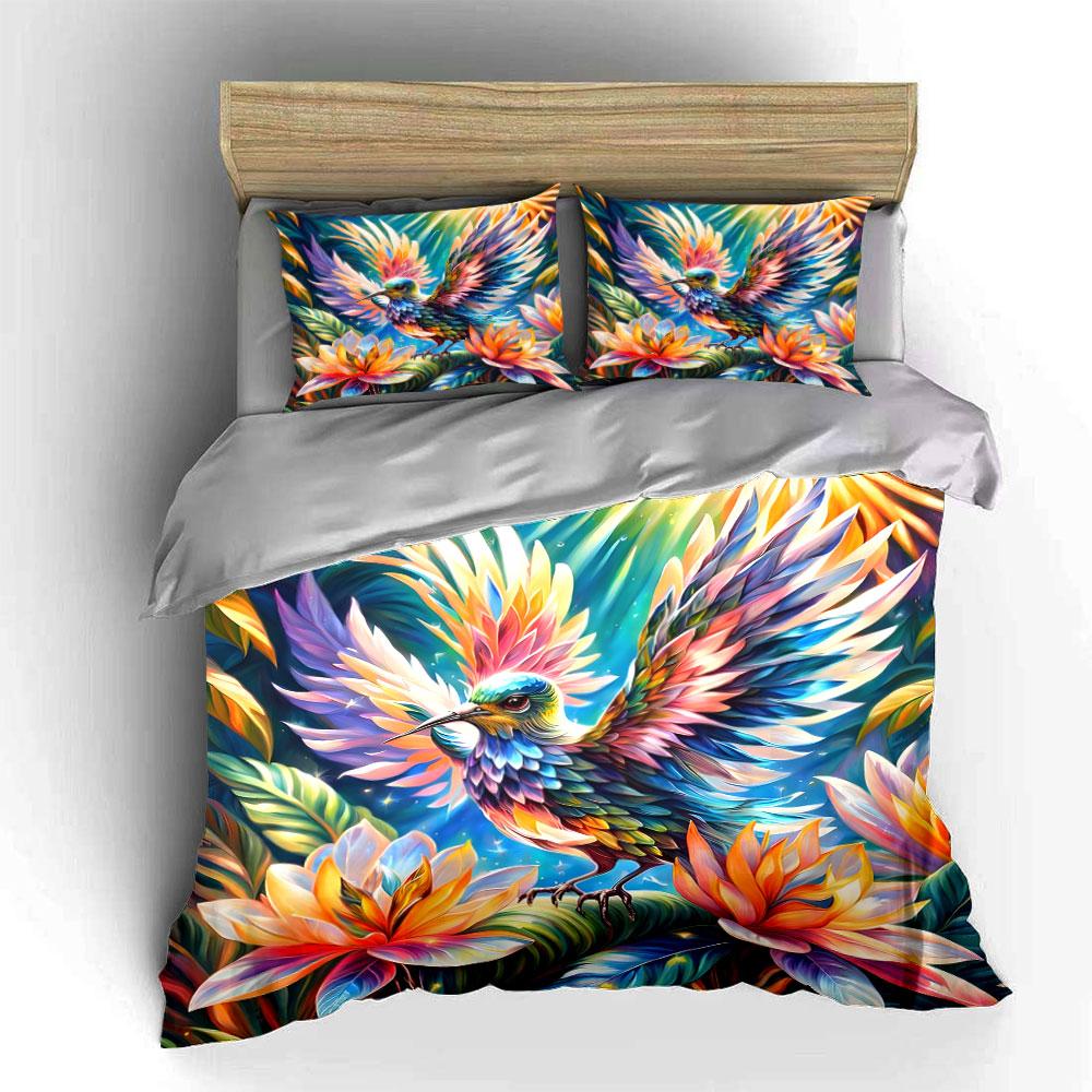 "Colorful Bird and Lotus Fantasy Design" Print Bedding Set Duvet Cover Pillowcases (1* Duvet Cover 2* Pillowcases Do Not Include Comforter)