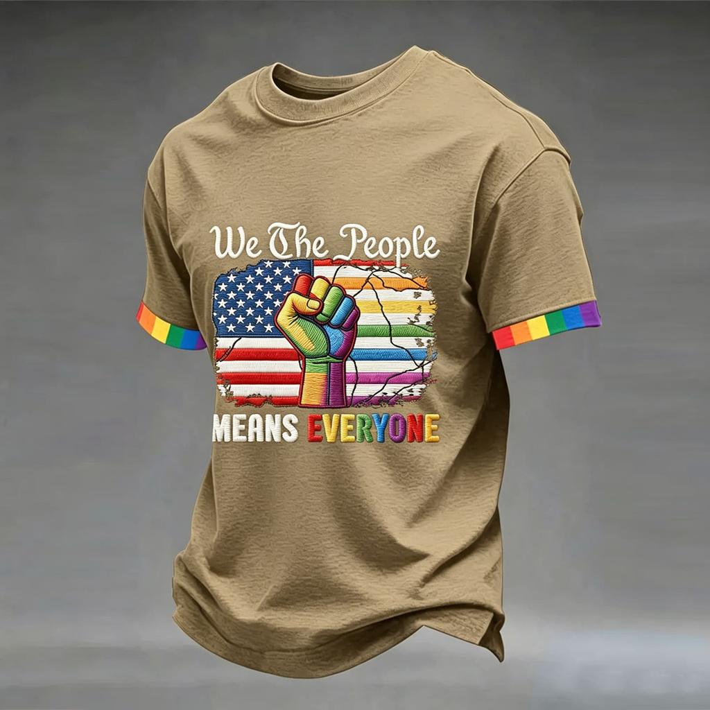 Short Sleeve Crew Neck T Shirt with Graphic Print United States Flag Raised Fist Lettering Design Casual Fit Unisex Top