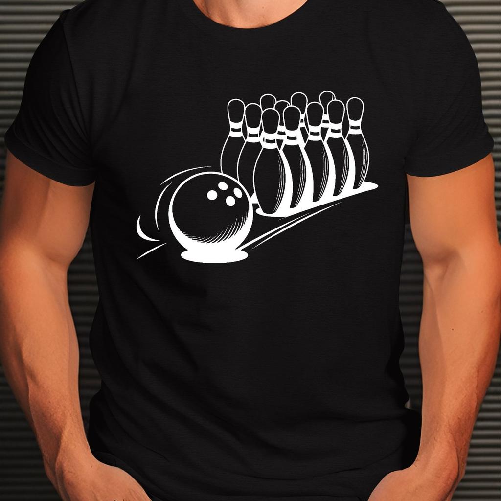 Bowling Ball and Pins Graphic Tee Men Casual Cotton Short Sleeve Round Neck Summer TShirt Gift for Bowlers