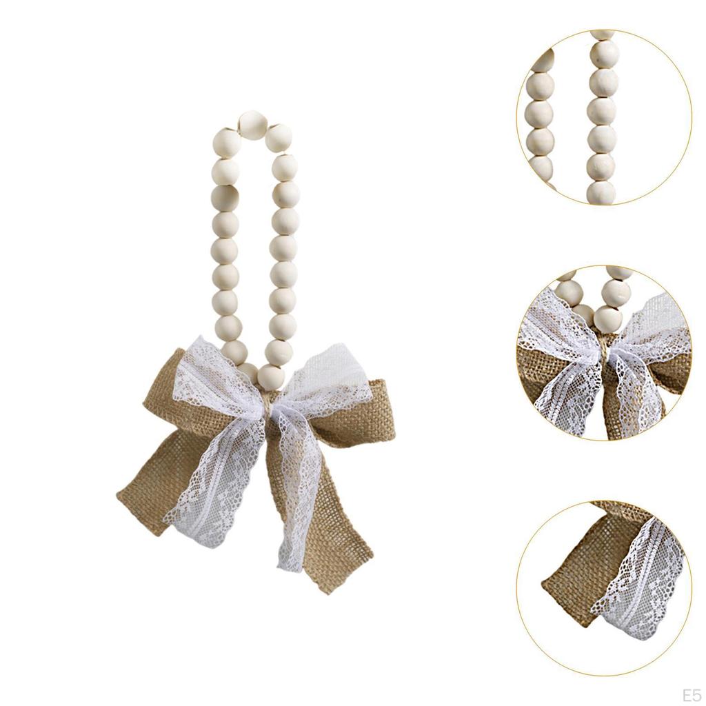 Wood Bead Pendant Home Decor Farmhouse Decorative with Linen Bow Hanging Ornament for Room