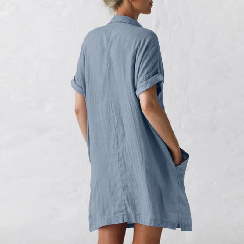Abito Camicia Donna Estivo Vintage Cotone Lino Casual Manica Corta Ampio Taglia Grande Abito Donna Moda Tasche Collo a Punta Monopetto Vestiti 1006
