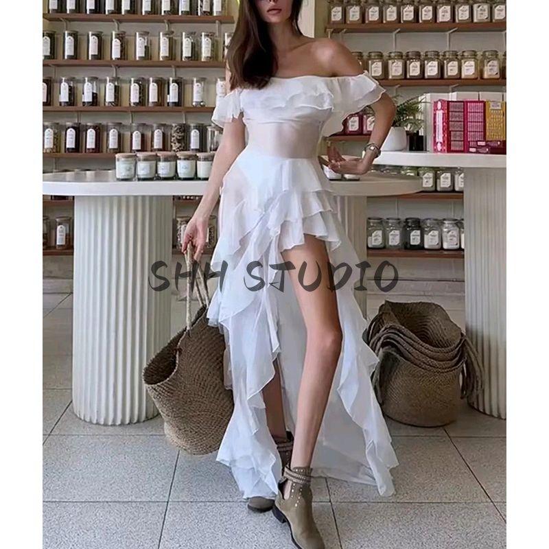 Summer New Sexy Style off-Shoulder Short Sleeve Ruffles Dress Irregular High Waist Long Braces Dress