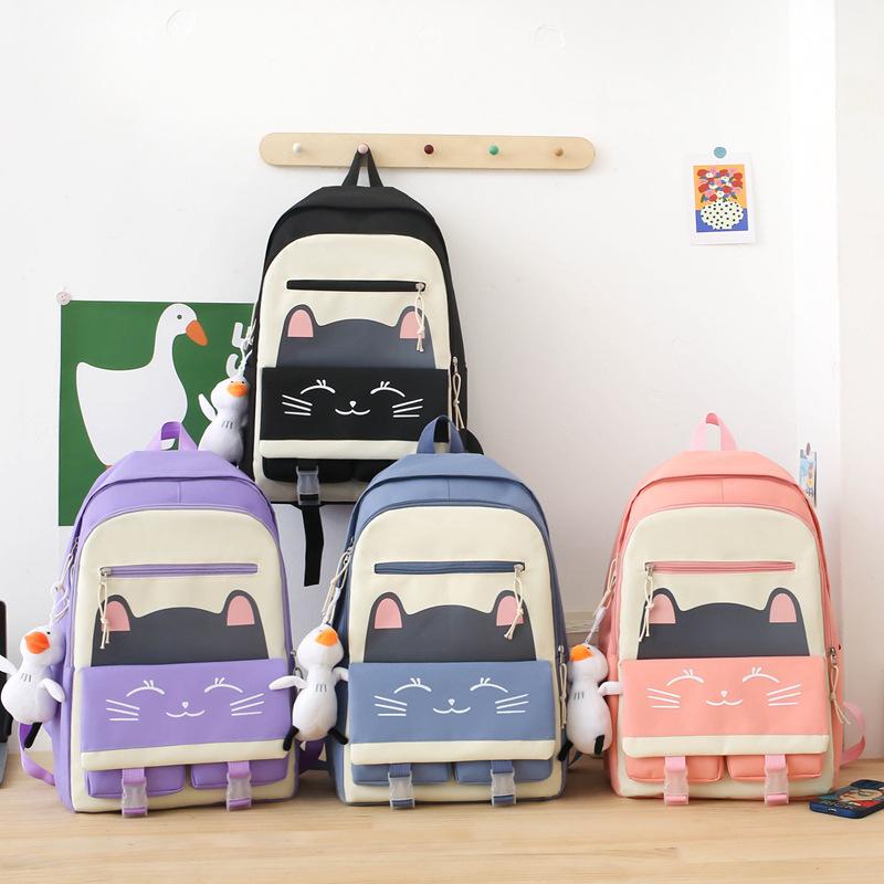 Five-piece backpack new fashion trend casual foreign style student schoolbag large capacity Korean version small fresh and cute