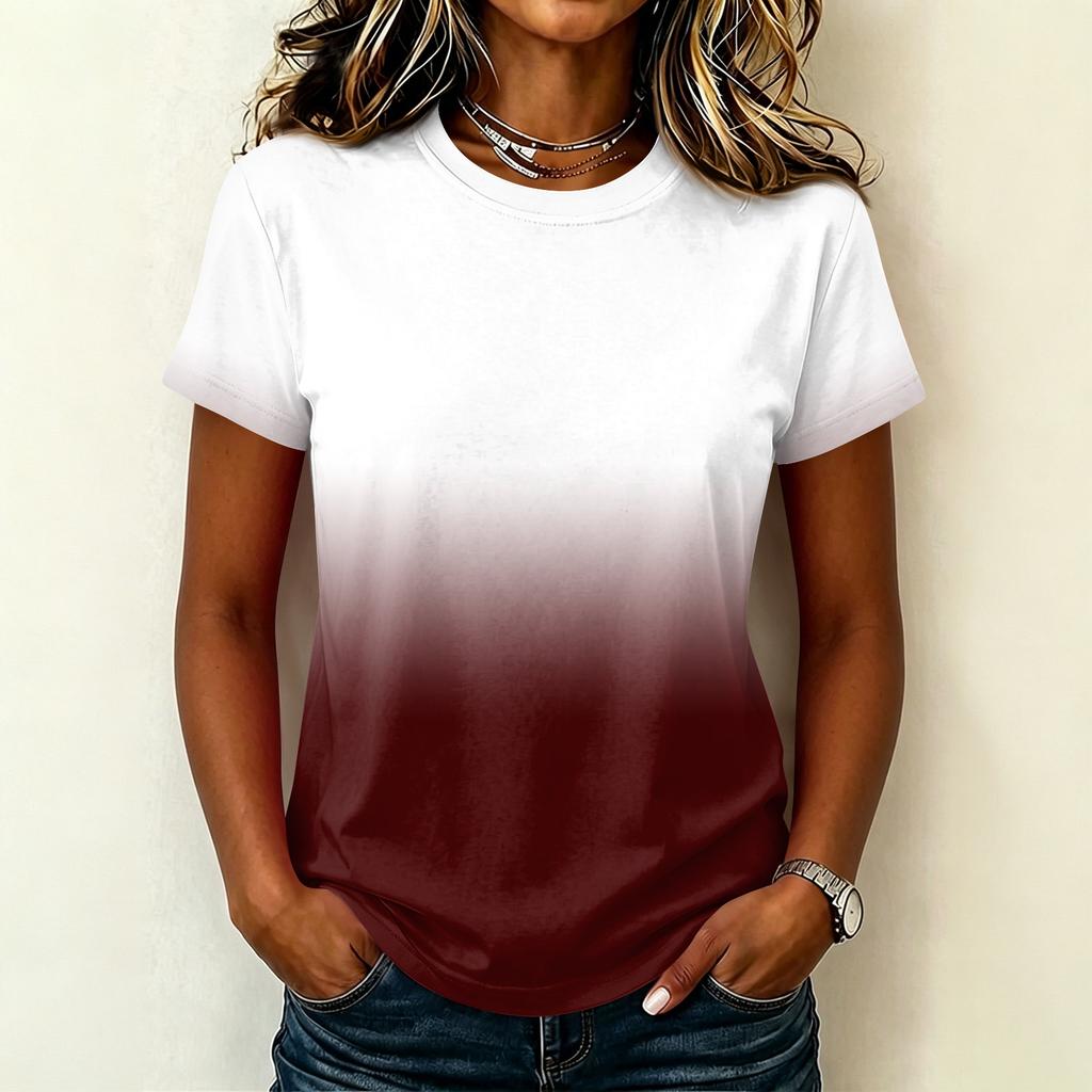 Women's Casual Pullover Short Sleeve T Shirt Gradient Color Crew Neck Top Lightweight Soft Fabric Summer Basic Tee