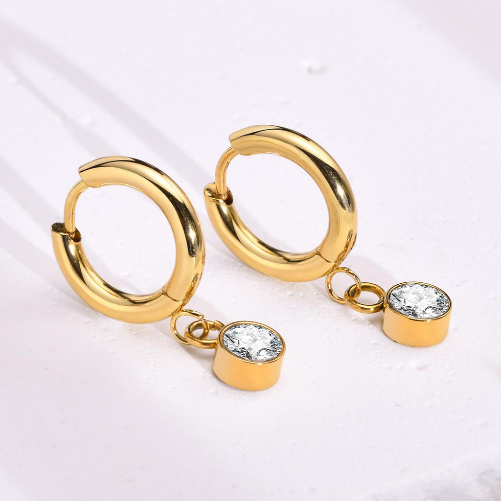 12 Colors Birthstone Huggie Earrings for Women, PVD Gold Color Tone Stainless Steel Brilliant AAA Cubic Zirconia Dangle Ear Clip