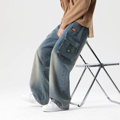Frühling Herbst Herren Cargo Jeans String Banding Wide Leg Denim Hose Straight Baggy Jean Hose