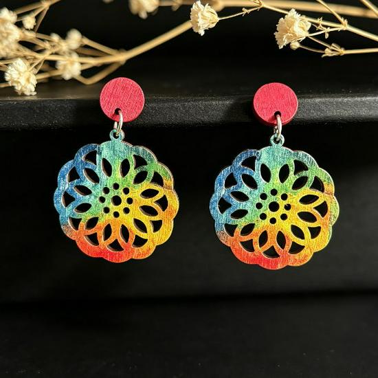 Colorful Hollow Wood Stud Earrings: European & American Fashion, Versatile & Trendy