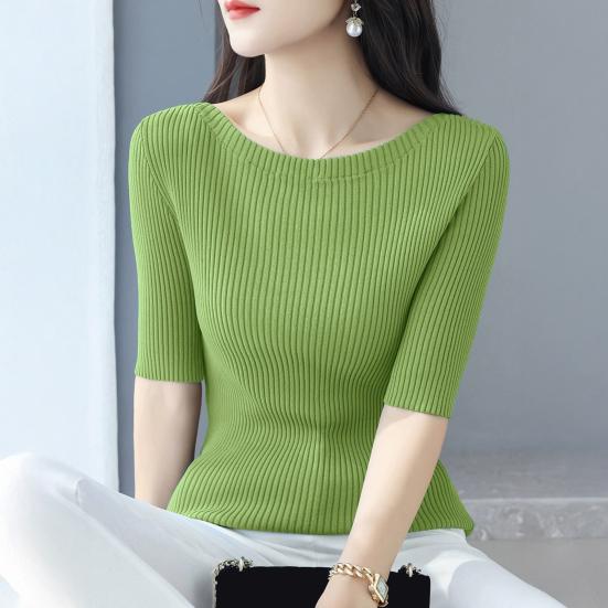 Dámské topy Slim Fit Jednobarevné Žebrované Tričko Kulatý Výstřih Poloviční Rukáv Elastický Pulovr Topy Pro Každodenní Nošení