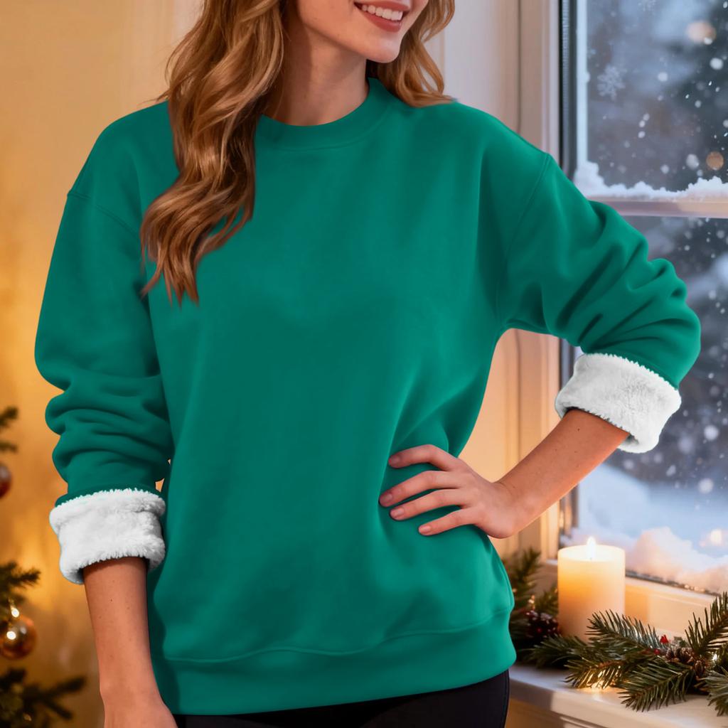 Dame Casual Mote Rundhals Genser Vinter Ensfarget Plysj Genser