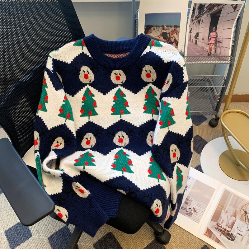 

Осенние и зимние винтажные рождественские красные пуловеры свитера женские модные свободные теплые вязаные свитера с круглым вырезом женские элегантные милые принты женские джемперы 25512 One Size тёмно-синий
