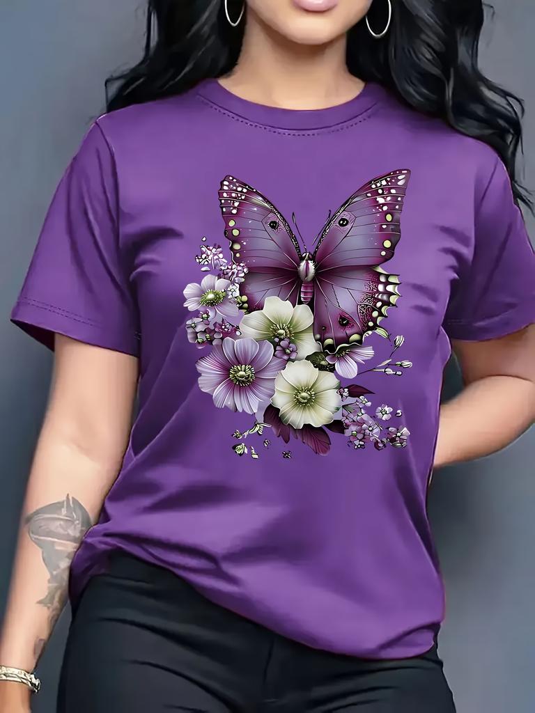 Women's Sparkling Rhinestone Butterfly T-Shirt Blue Green Glitter Print Tee Casual Crew Neck Short Sleeve Top Plus Size T Shirts