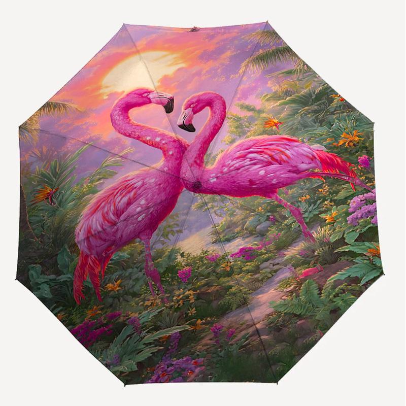 1PC Flamingo Jungle Automatic Open/Close Umbrella Compact Folding Umbrella with 8-Rib Shaft Lightweight Esign, Fashion Lovers1234A