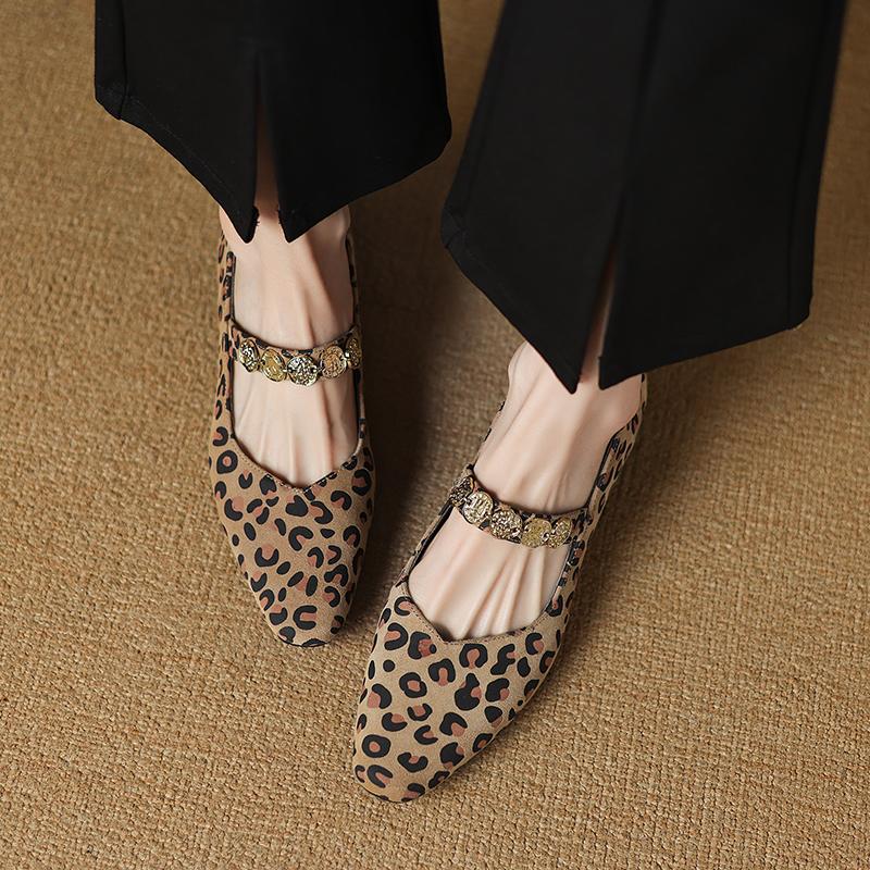 Fashion 2025 New Spring Mary Jane Shoes Genuine Leather Shoes for Women Fashion Leopard Print Square Toe Shallow Women Pumps Low Heels