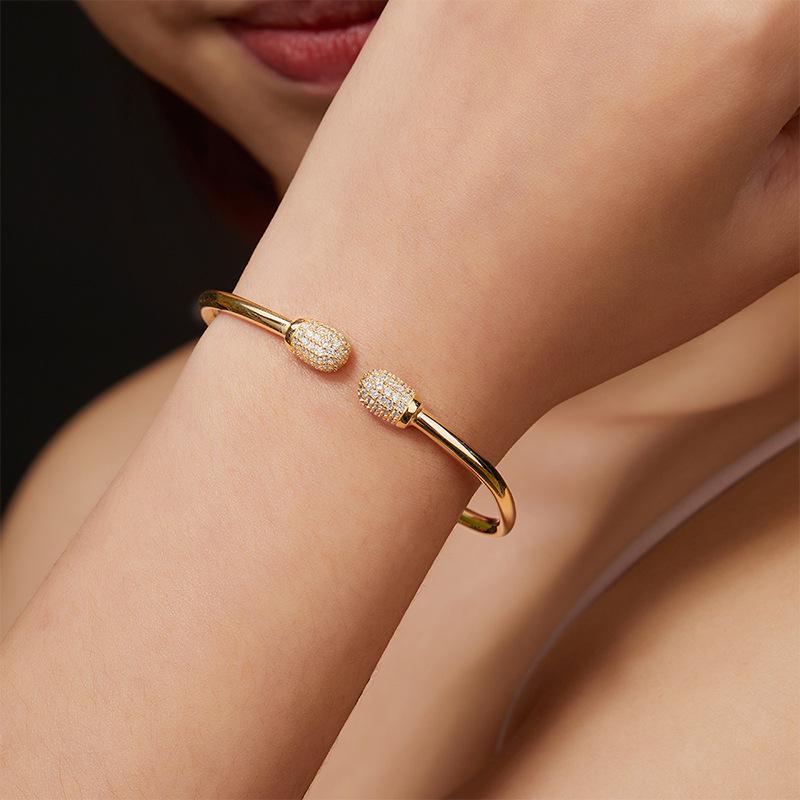 Trendy S925 Sterling Silver Rhinestone Open Cuff Bracelet