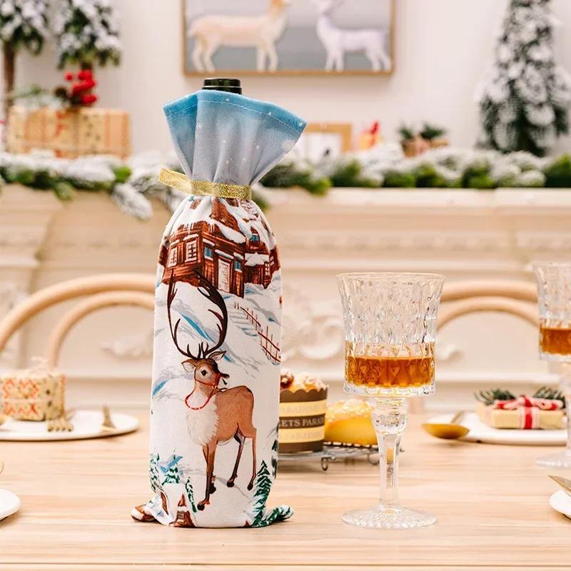 Christmas Wine Bottle Cover Non Woven Santa Claus Snowman Elk Print Home Christmas Decor Champagne Bottle Table Decor Xmas Gift