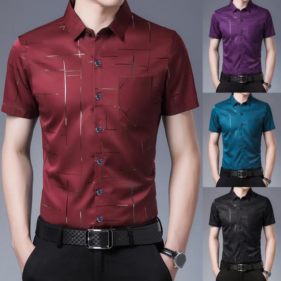 Men Shirt Business Formal Turn-down Collar Silky Summer Top for Work