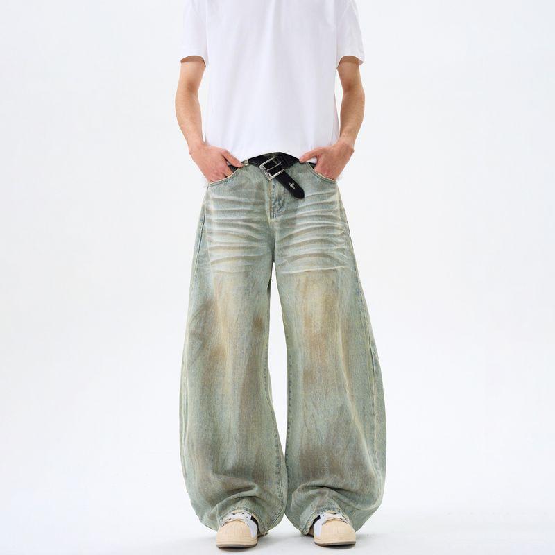

Kisko American Retro Mud Dyed Old Baggy Matchet Pants Male and Female Trendy Brand Stylish Loose Washed-out Denim Blue 2XL