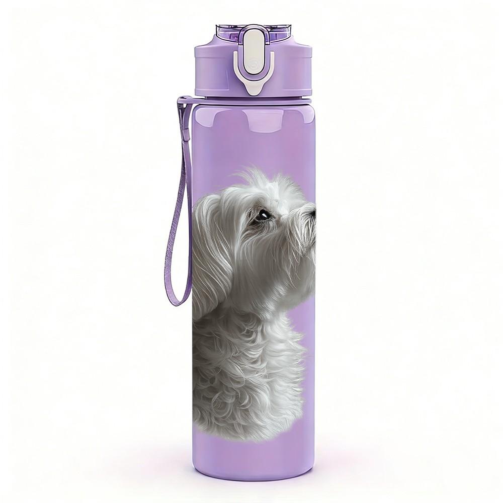 1PC Small White Fluffy Dog Pet Print 750ml Color Plastic Sports Water Bottle Leakproof Flip Straw Lid Suitable for Sports Office Home Use