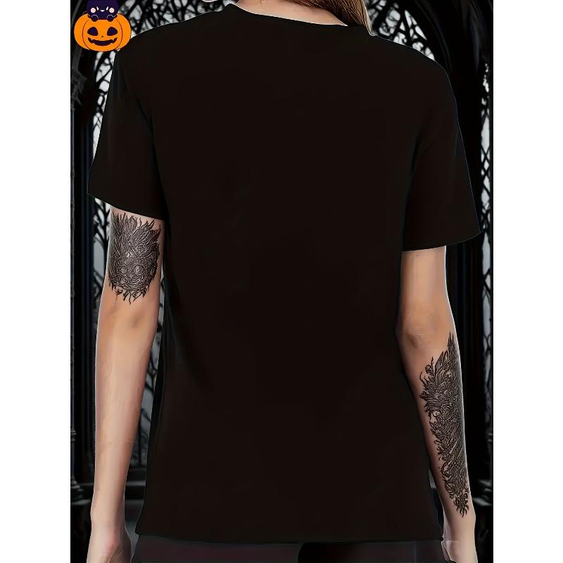 Dámské gotické tričko na Halloween v evropské velikosti - Potisk růže a netopýřího křídla, krátký rukáv, kulatý výstřih, s gotickým nápisem, celoroční, pohodlný střih