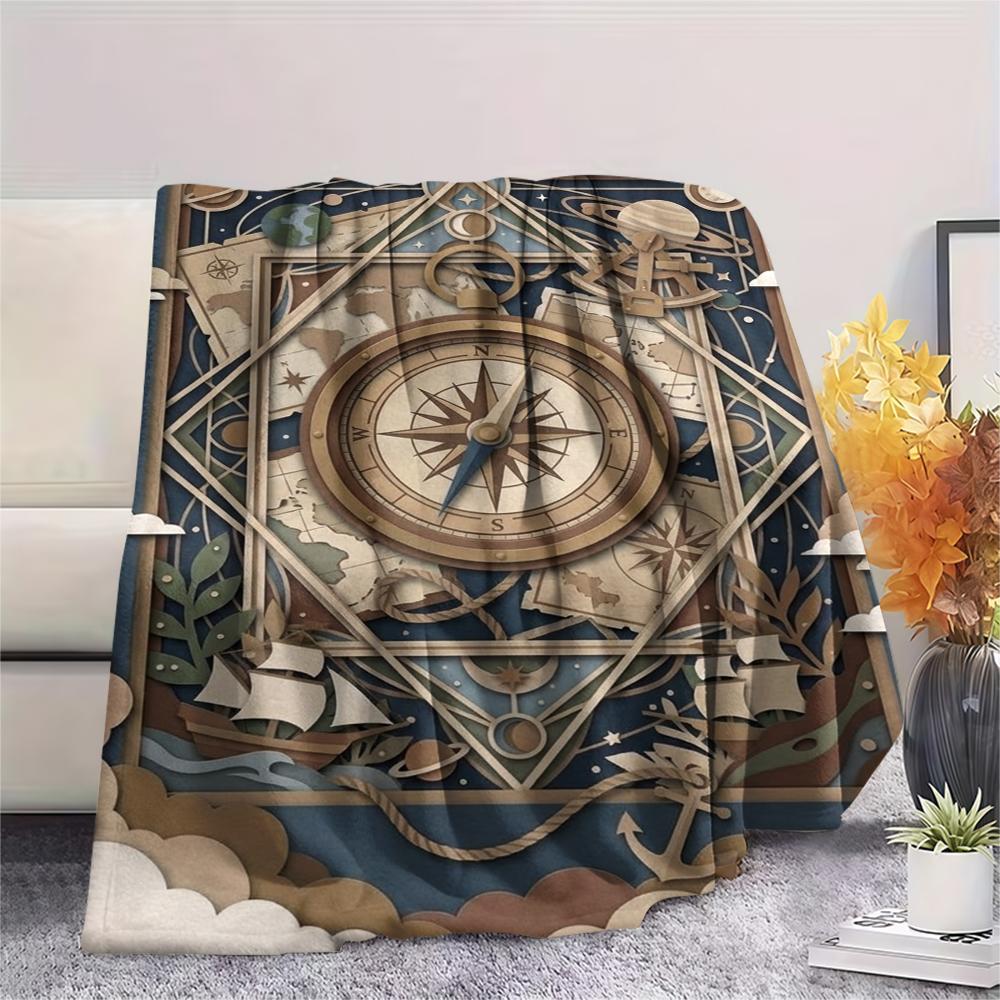 1Pc Compass Print Flannel Blanket, High Quality Comfortable for All Seasons, Home Decor, Warmth and Comfort, Perfect for Christmas Gifts W168