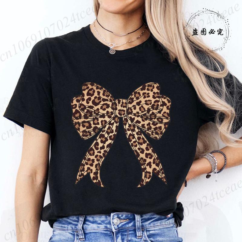 Coquette Bow Leopard Pattern Print TShirts Casual Summer Womens Short Sleeve TShirt Women Clothing Vintage Clothes Y2k Top