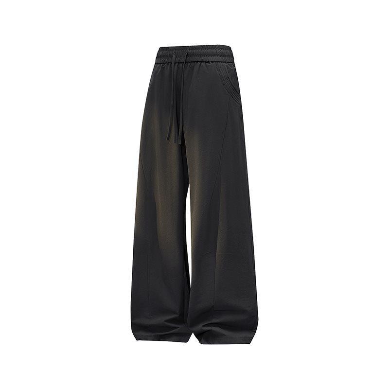 Men's Casual Drawstring Knit Straight-Leg Sweatpants, Hong Kong Style - Loose, Wide-Leg, Floor-Length for Spring and Autumn
