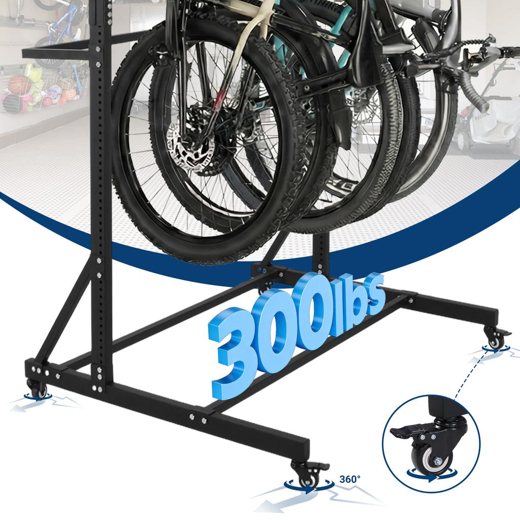 Freestanding Bike Storage Rack with Locking Casters 6 Hooks Heavy-Duty Hanging Bike Holder Height Adjustable Home Garage Stand