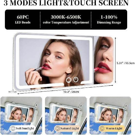 Car Sun Visor Makeup Mirror, Equipped With 3X Magnifying Glass And Three-Color Adjustable Brightness Soft Light Mirror, Rechargeable, Suitable For