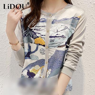 Spring Autumn New Fashion Printing Round Neck Long Sleeve Knitting Cardigan Women Elegant Button Patchwork All-match Tops