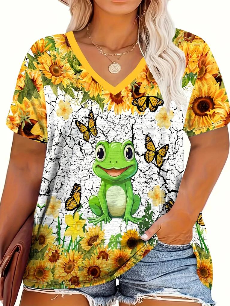 Summer Ladies T-Shirt Frog And Floral Pattern Printing Outdoor Retro Fashion Casual Oversized T-Shirt Women Clothings